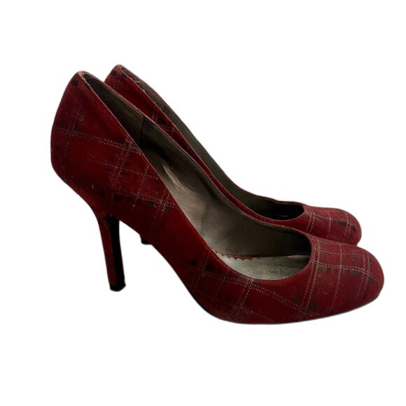 Jessica Simpson Y2K Red Plaid Pumps Round Toe Fabric Heels Size 9.5 - Picture 1 of 6